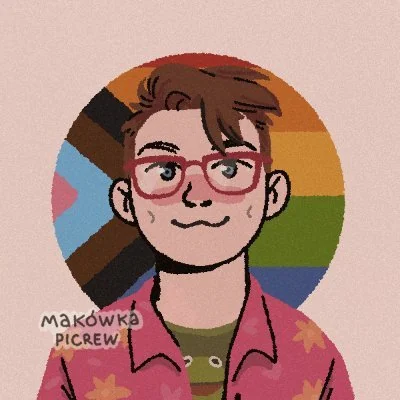 Illustrated avatar of Brent Fisher in a pink floral shirt and red-rimmed glasses, in front of a circle of progress pride flag colors.