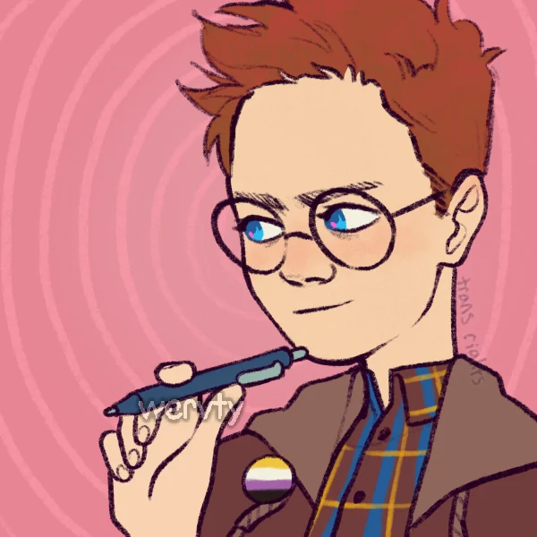 Illustrated portrait of Brent Fisher: short auburn hair, round glasses, a plaid shirt and brown jacket, holding a pen, with a non-binary pride pin on the lapel.