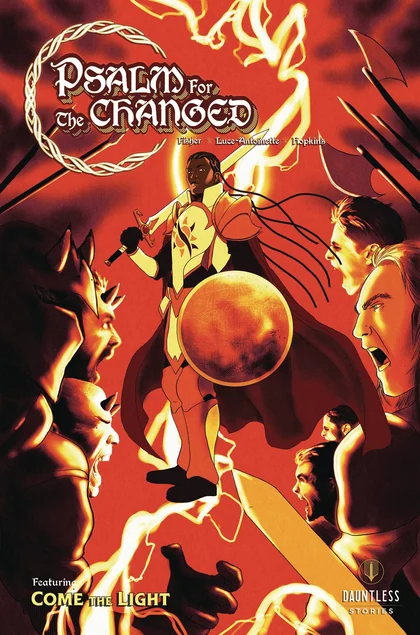 Psalm for the Changed cover: a knight and a glowing orb amid fire and surrounding figures, in oranges and reds.