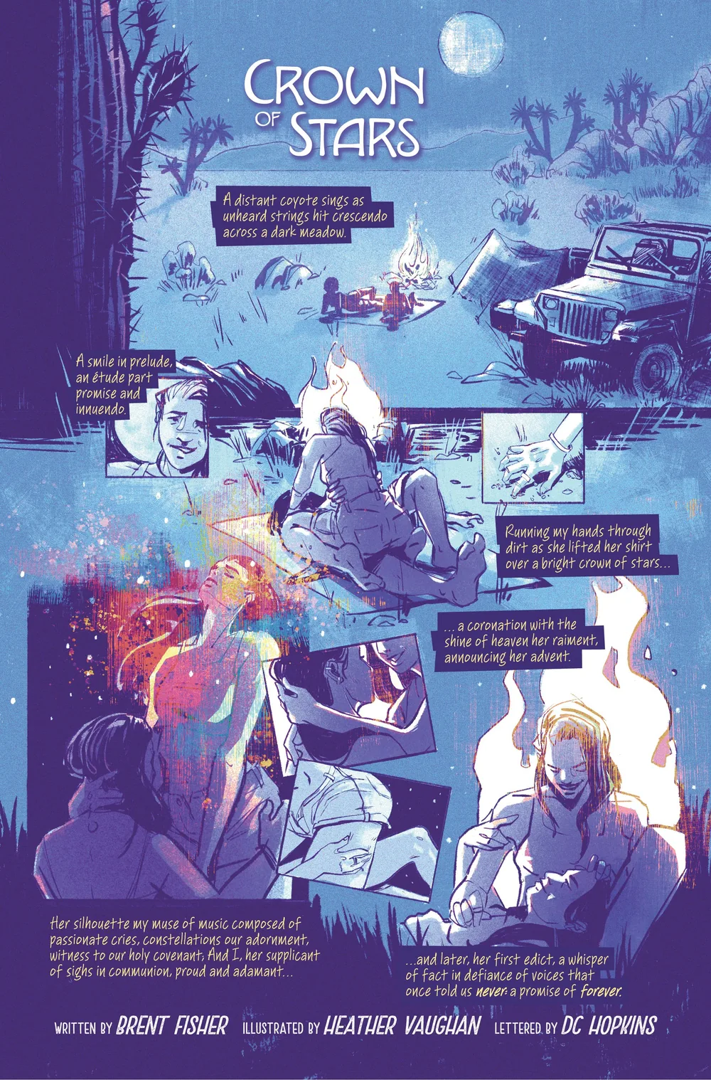 One-page romance in blues and violets: figures beneath a starlit sky with wolves and a parked jeep, the panels surrounded by blocks of verse.