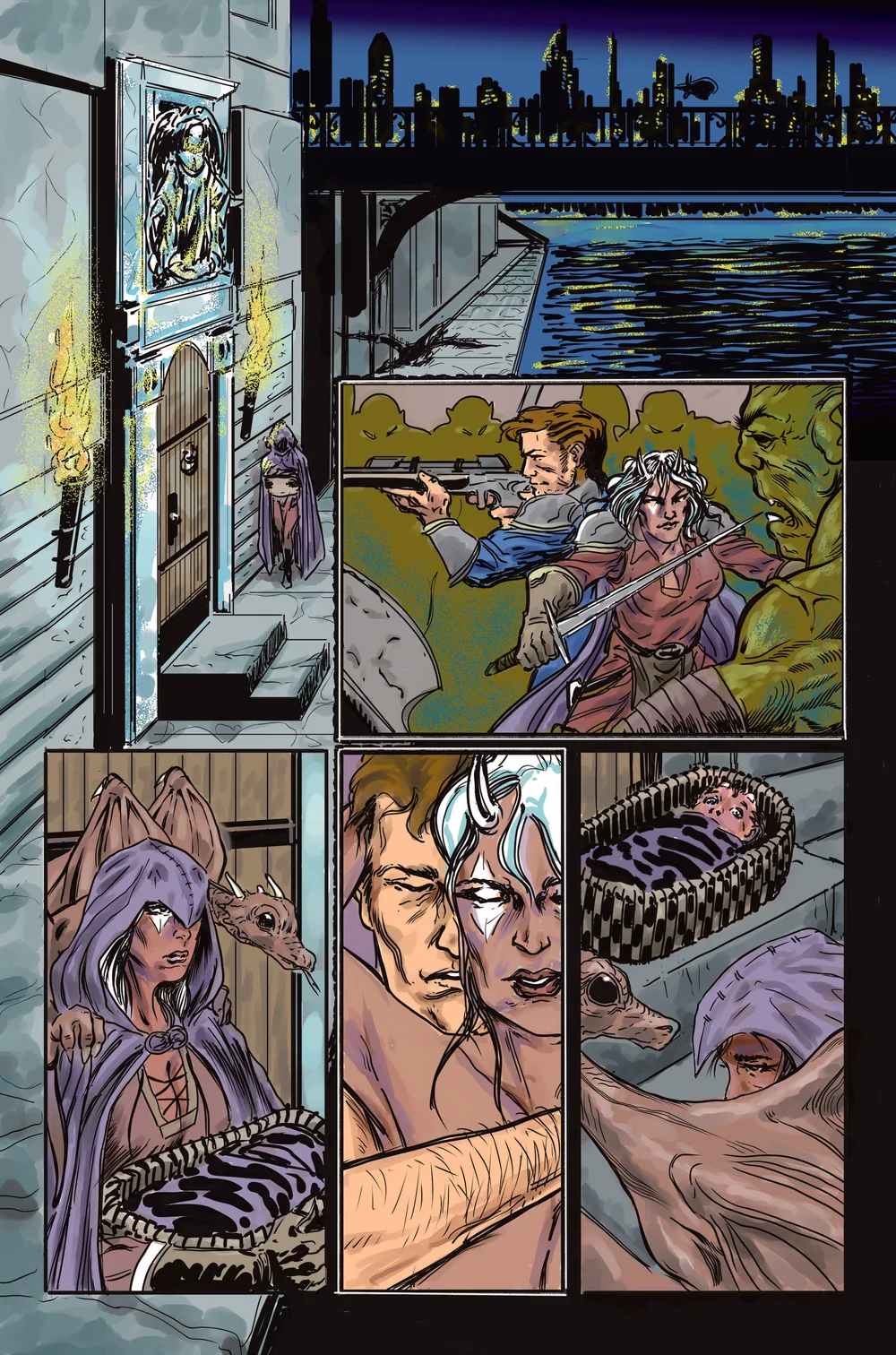 Color comic page: a night harbor city with a lit bridge, and panels showing a cloaked figure and a pale sleeping child.