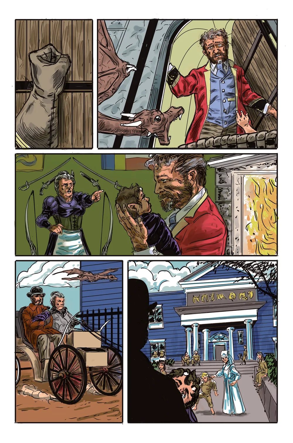 Color comic page: a red-coated man and a beast-like figure on a street of wooden fences and shopfronts, with a horse-drawn cart passing.