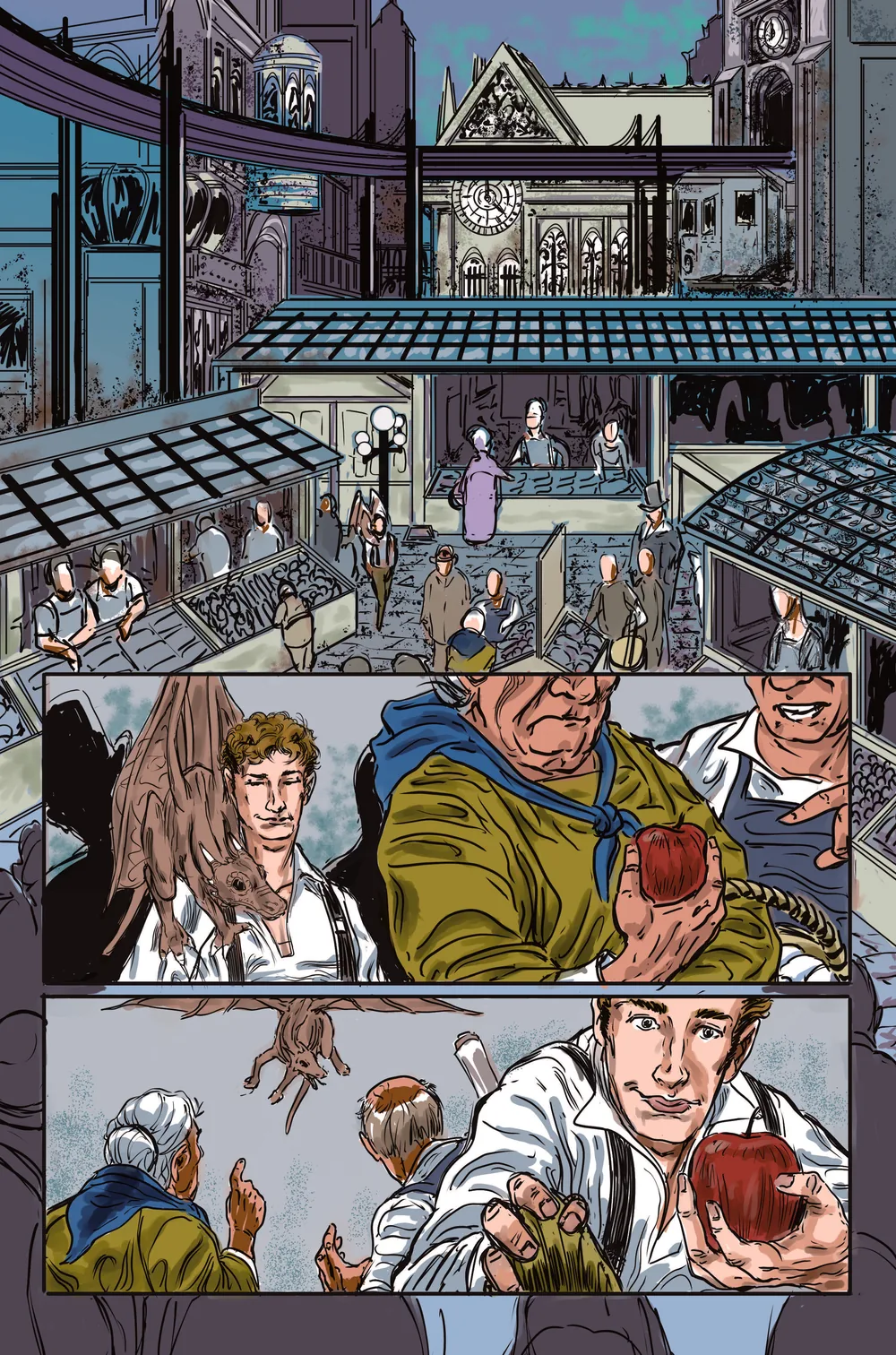 Color comic page: inside a covered market arcade, a large heavy-browed figure offers an apple to a young man.