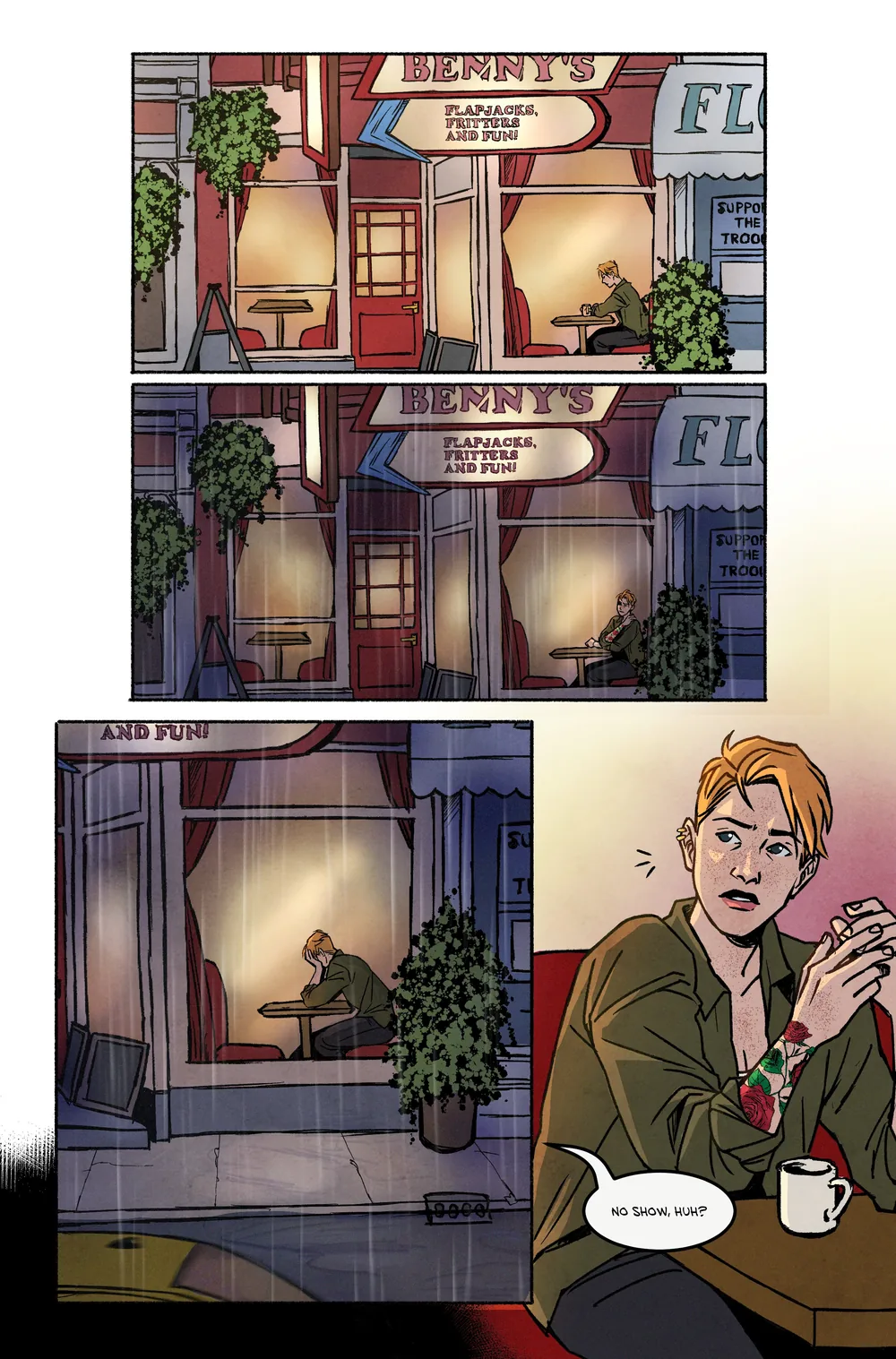 Color comic page: the rain-streaked storefront of Lenny's Playhouse and Film, and inside, a red-haired woman with a mug of coffee.