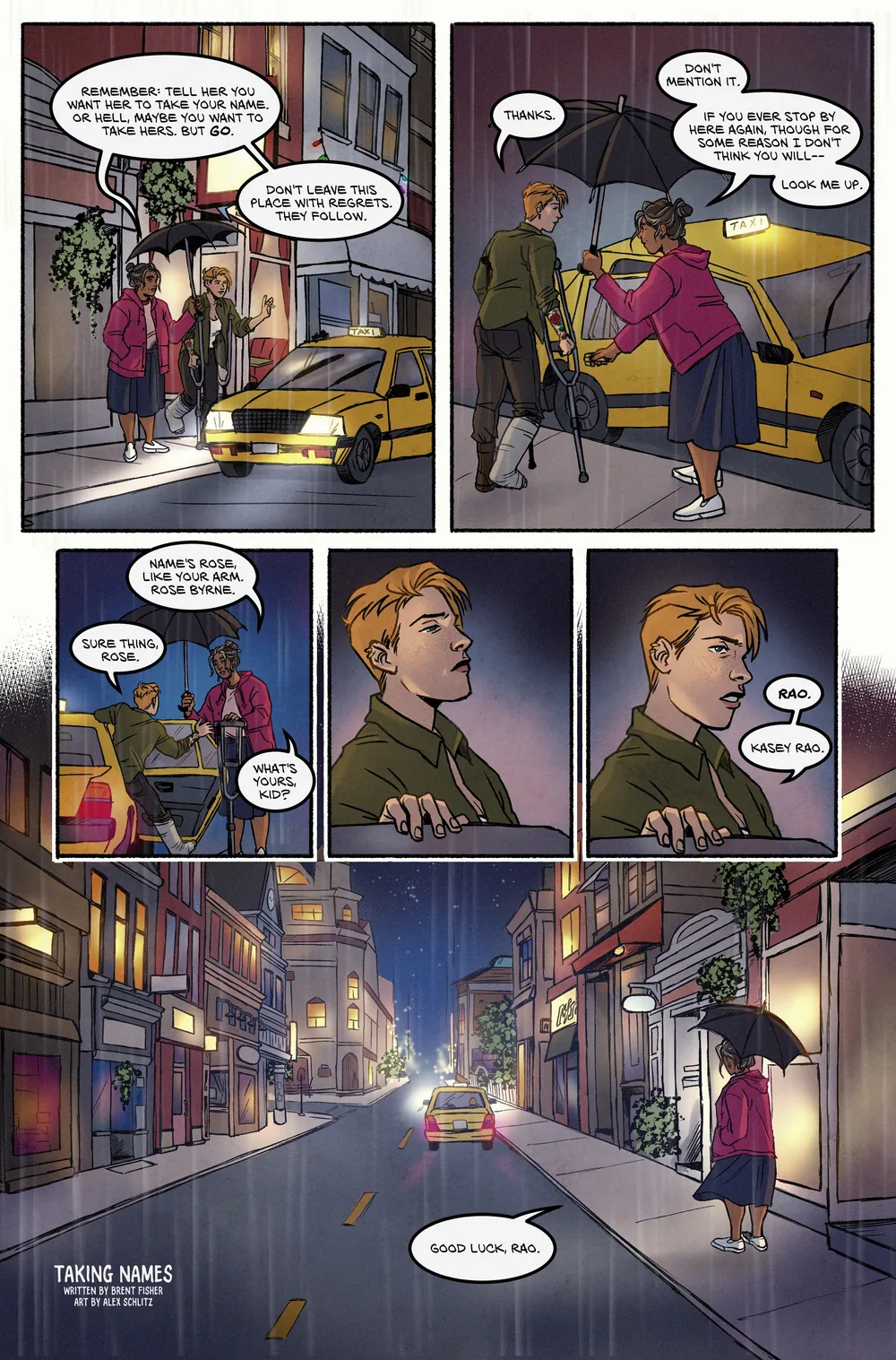 Color comic page: two people talk beside a yellow taxi on a wet night street, with the title panel reading 'Taking Names'.