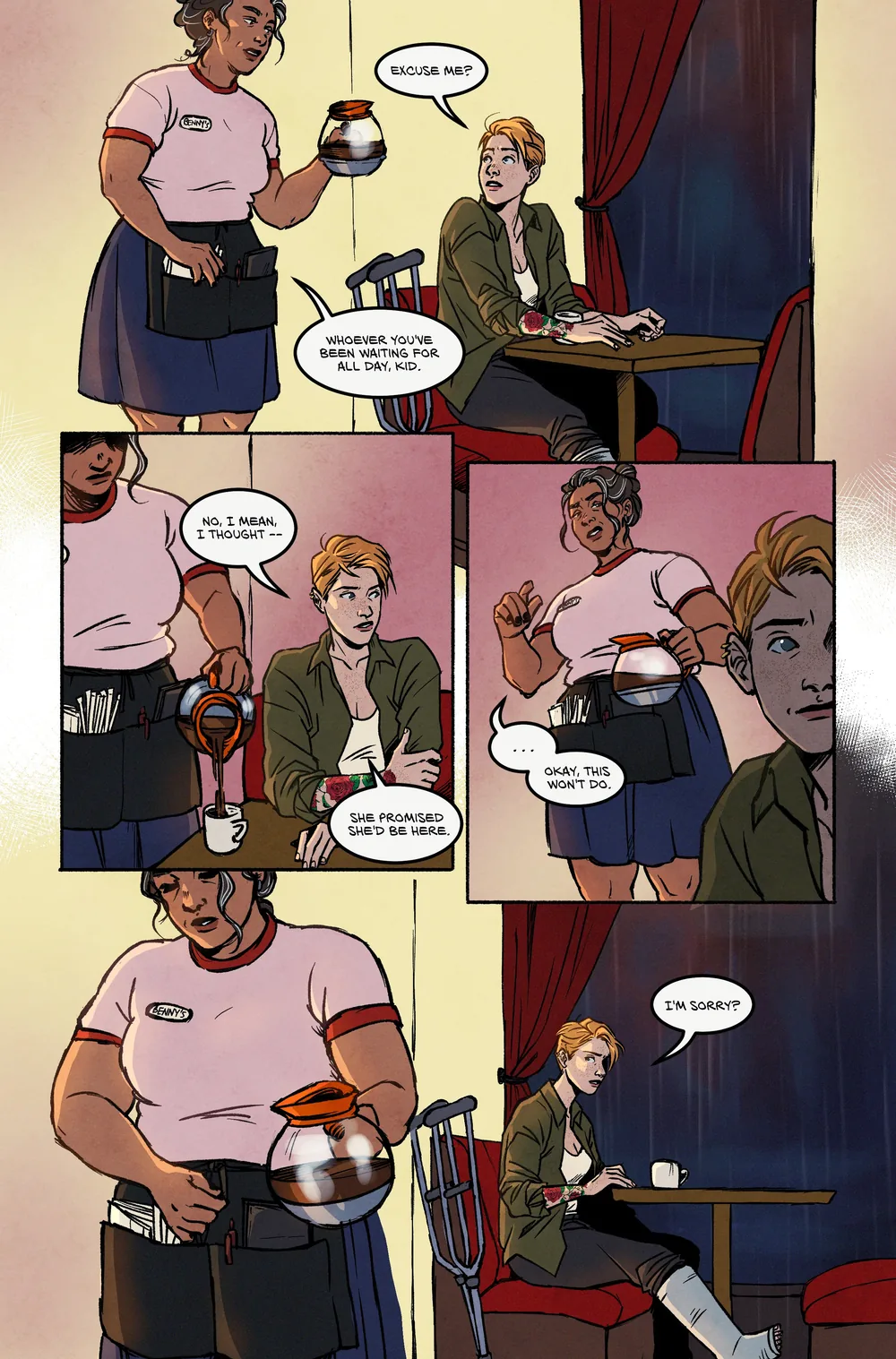 Color comic page: a woman refills coffee for a red-haired customer in a diner booth with red curtains.